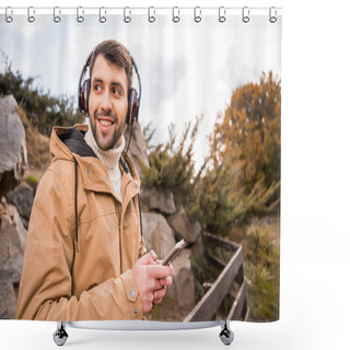 Personality  Man In Headphones Holding Smartphone Shower Curtains