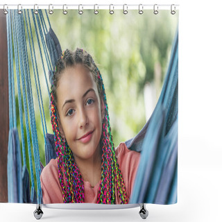 Personality  Smiling Young Girl With Colorful Braids In Her Hair Is Posing On Blue Hammock. Horizontally.  Shower Curtains