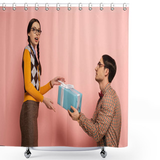 Personality  Handsome Nerd Giving Present To Surprised Girlfriend On Pink Shower Curtains
