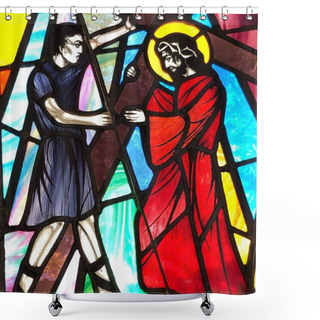 Personality  OCEAN SPRINGS, UNITED STATES - May 09, 2019: Stained Glass Image Of Jesus Given His Cross. Taken At St. Alphonse Church Shower Curtains