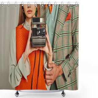 Personality  Cropped View Of Woman In Orange Dress Holding Vintage Camera Near Man In Plaid Jacket On Grey Shower Curtains
