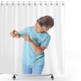 Personality  Little Boy With Achatina Snail On White Background Shower Curtains