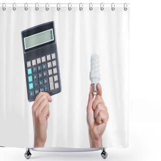 Personality  Cropped View Of Male Hands Holding Fluorescent Lamp And Calculator In Hands Isolated On White, Energy Efficiency Concept  Shower Curtains