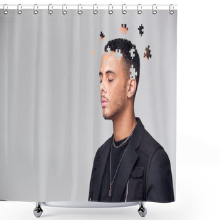 Personality  Mental Health Concept Of Young Man With Jigsaw Shaped Pieces Missing From Mind Shower Curtains