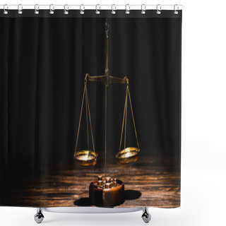 Personality  Golden Scales Of Justice On Wooden Table On Black Background Shower Curtains
