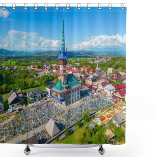 Personality  Panorama Of Church Of The Nativity Of The Mother Of God And Decorated Tombstones At The Merry Cemetary In Romanian Village Sapanta Shower Curtains