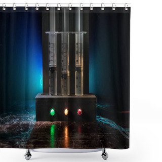 Personality  Lethal Injection Concept. Prisoner Handcuffed To Death By Lethal Injection. Creative Artwork Decoration With Scale Model On Dark With Lights. Shower Curtains