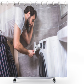 Personality  Side View Of Handsome Loner Looking At Washing Machine In Bathroom Shower Curtains
