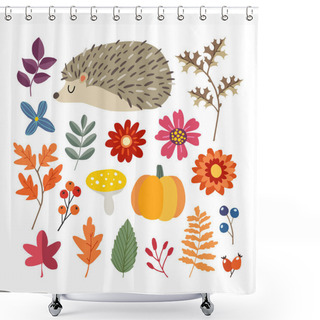 Personality  Set Of Cute Hand-drawn Autumn Elements. Hedgehog, Pumpkin And Various Flowers, Berries And Leaves Collection. Fall Concept. Isolated Vector Illustrations, Objects. Flat Design. Shower Curtains