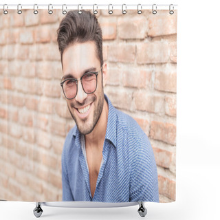 Personality  Happy Smiling  Man With Glasses Leaning Against Brick Wall  Shower Curtains