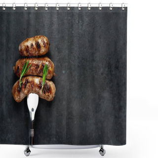 Personality  Grilled Sausages On A Meat Fork On A Stone Background With Copy Space For Your Text Shower Curtains