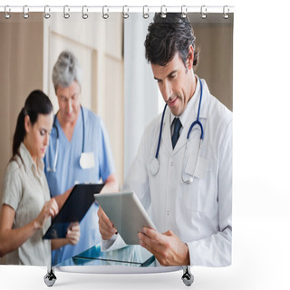 Personality  Male Doctor Holding Digital Tablet Shower Curtains