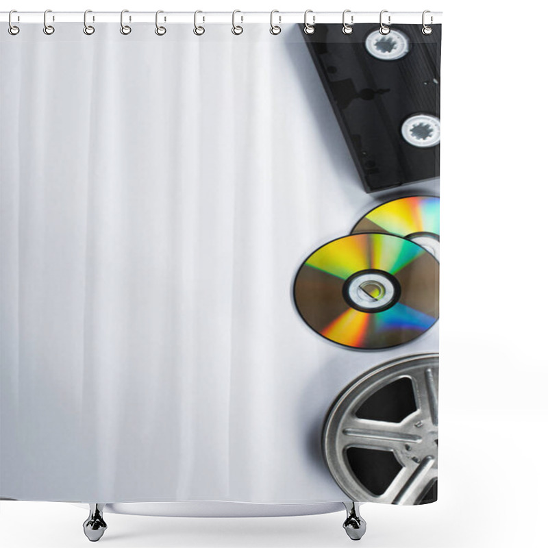 Personality  Top View Of CD Discs, VHS Cassette And Film Reel On White Background Shower Curtains