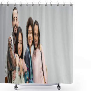 Personality  Happy Bearded Student Embracing Asian Woman Near Multiethnic Friends Isolated On Grey, Banner Shower Curtains