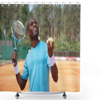 Personality  Positive Guy Is Playing Tennis In Open Air Shower Curtains