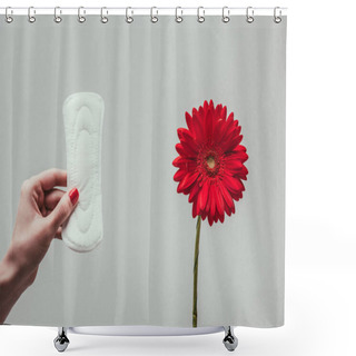 Personality  Partial View Of Woman Holding Menstrual Pad In Hand With Flower Near By Isolated On Grey Shower Curtains