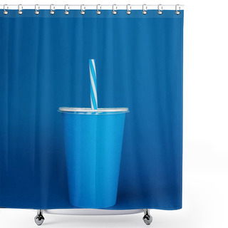Personality  Paper Cup With Plastic Straw On Blue Background  Shower Curtains