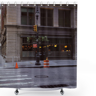 Personality  Street Pole With Flowerpots And Traffic Lights Near Building With Restaurant In New York City Shower Curtains