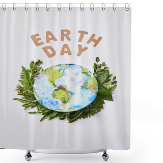 Personality  Top View Of Fresh Green Fern Leaves With Paper Letters And Planet Picture Isolated On Grey Background, Earth Day Concept Shower Curtains