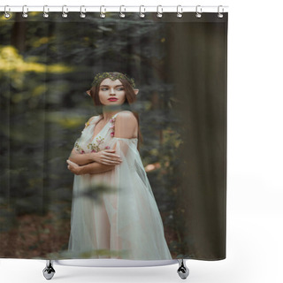 Personality  Attractive Girl With Elf Ears Walking In Fantasy Forest Shower Curtains