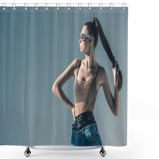 Personality  Girl Posing In Sunglasses With Ponytail Hairstyle, Isolated On Grey Shower Curtains