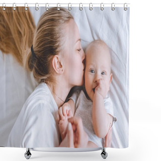 Personality  Top View Of Mother Kissing Her Infant Baby In Bed Shower Curtains