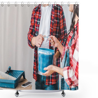Personality  Cropped View Of Man Taking Paint Bucket And Standing Near Woman At Home Shower Curtains