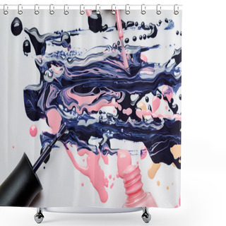 Personality  Top View Of Abstract Multicolored Spill Of Nail Polish With Wet Brushes Isolated On Grey Shower Curtains