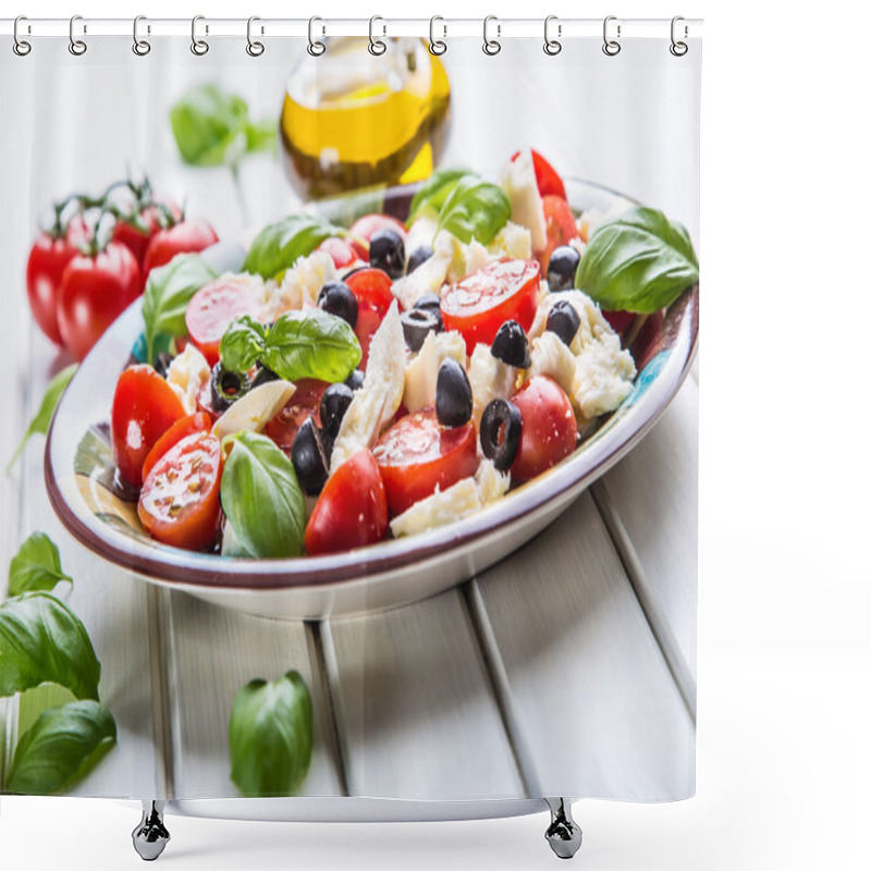 Personality  Caprese. Caprese Salad. Italian Salad. Mediterranean Salad. Italian Cuisine. Mediterranean Cuisine. Tomato Mozzarella Basil Leaves Black Olives And Olive Oil On Wooden Table. Shower Curtains