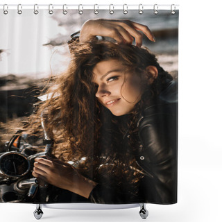 Personality  Attractive Curly Girl Sitting On Motorcycle Shower Curtains