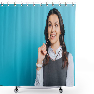 Personality  Dreamy, Positive Businesswoman Looking Away While Holding Eyeglasses On Blue Background Shower Curtains