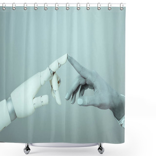 Personality  Cropped Shot Of Cyborg Touching Robotic Arm Isolated On Grey, Future Technology Concept Shower Curtains