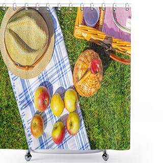 Personality  Picnic Concept With Basket On Green Sunny Lawn In The Park Shower Curtains