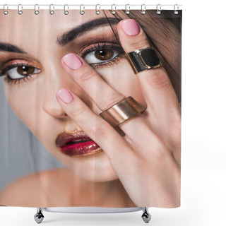 Personality  Close Up Portrait Of Beautiful Girl With Golden Rings On Hand, Isolated On Grey  Shower Curtains