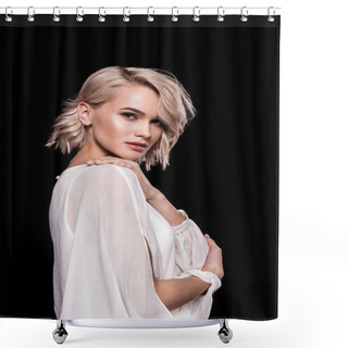 Personality  Attractive Blonde Model In White, Isolated On Black Shower Curtains