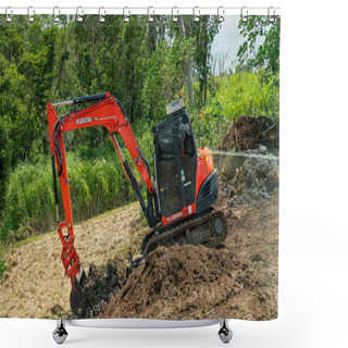 Personality  Mackay, Queensland, Australia - January 2021: Excavator Working On The Side Of The Road Moving Dirt Shower Curtains