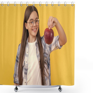 Personality  Photo Of Happy Teen Girl With Apple Fruit. Teen Girl With Apple Isolated On Yellow. Teen Girl With Apple In Studio. Teen Girl With Apple On Background. Shower Curtains