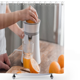 Personality  Cropped View Of Woman Preparing Tasty Orange Juice In Kitchen  Shower Curtains
