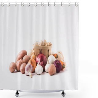 Personality  Heap Of Mushrooms Laying In Basket Over Vegetables On White Background   Shower Curtains