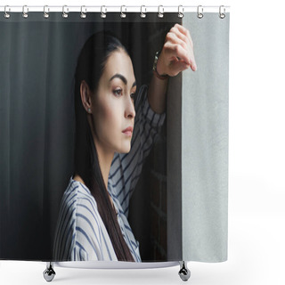 Personality  Side View Of Depressed Young Woman Leaning On Wall And Looking Away Shower Curtains