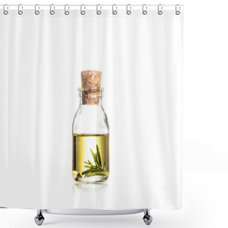 Personality  Studio Shot Of Glass Bottle With Essential Oil And Rosemary Leaves Isolated On White Shower Curtains