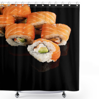 Personality  Delicious Philadelphia Sushi With Avocado, Creamy Cheese, Salmon And Masago Caviar Isolated On Black Shower Curtains