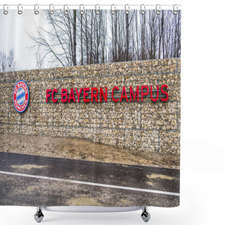 Personality  Munich , Germany - February 16 2018 : The Entrance To The FC Bayern Football Club Campus In Munich Is Only Open For VIPs Shower Curtains