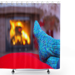Personality  Feet In Woollen Blue Socks By The Fireplace. Shower Curtains