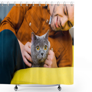 Personality  Casual Cheerful Man With British Shorthair Cat At Home Shower Curtains