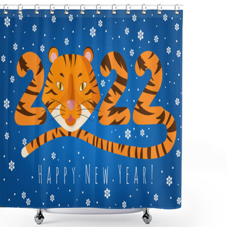 Personality  Happy New Year. 2022. Chinese Symbol Of The New Year 2022. Creative Card Design With Tiger Fur Texture With Cartoon Tiger Head. Vector Illustration For Congratulations. New Year Banner Shower Curtains