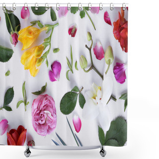 Personality  Leaves And Petals Of Spring Flowers On White Background, Closeup Shower Curtains