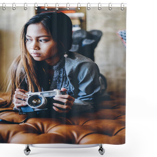 Personality  Gorgeous Young Woman Lying On Leather Sofa Holding Old Vintage Retro Film Camera In Her Hands. Fashionable Woman Retro Style Shower Curtains