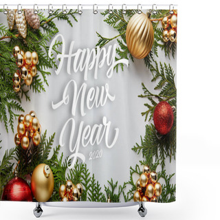 Personality  Frame Of Shiny Golden And Red Christmas Decoration On Green Thuja Branches Isolated On White With Happy New Year Lettering Shower Curtains