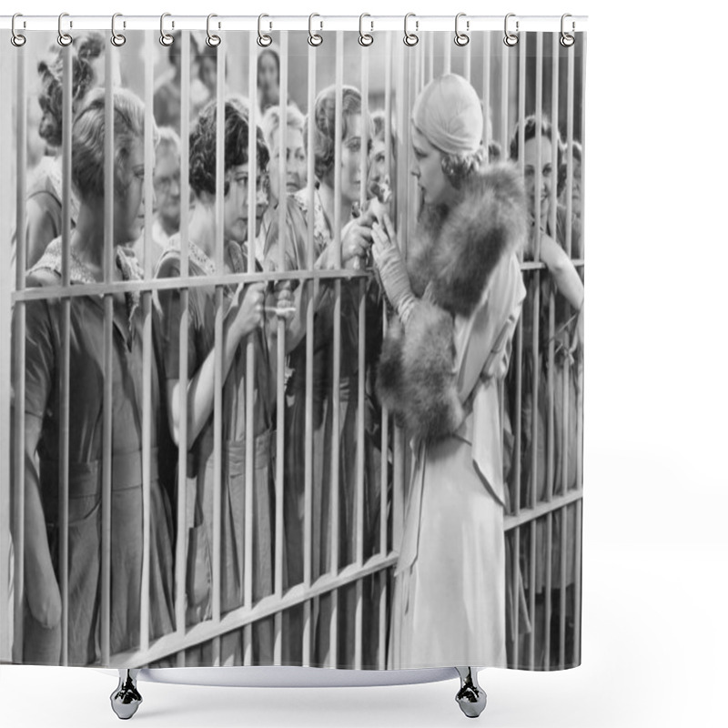 Personality  One Woman Standing In Front Of A Jail Talking With A Group Of Women Shower Curtains